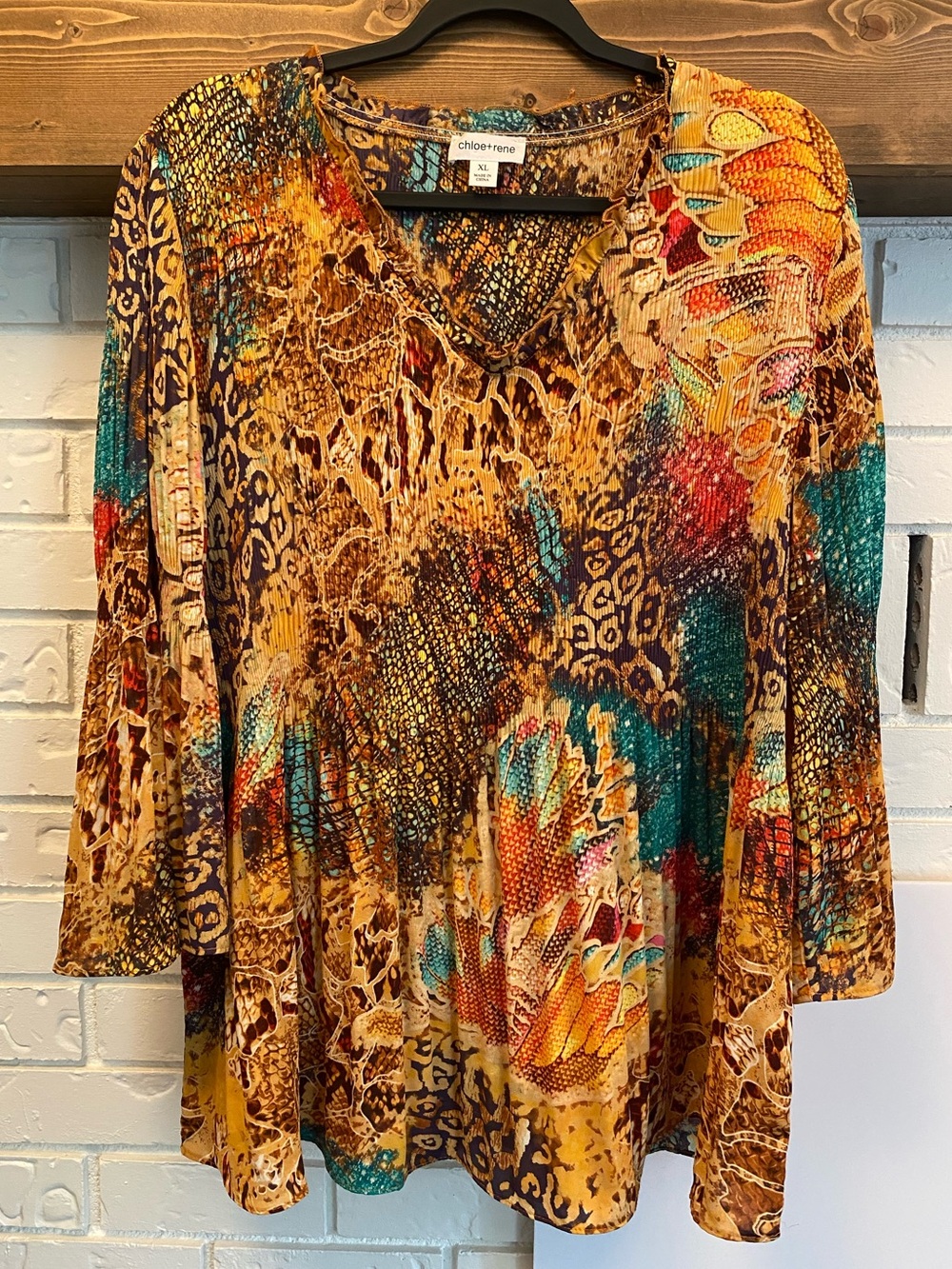Chloe + Rene Abstract Animal Print V-Neck Tunic Blouse XL Art to Wear Boho